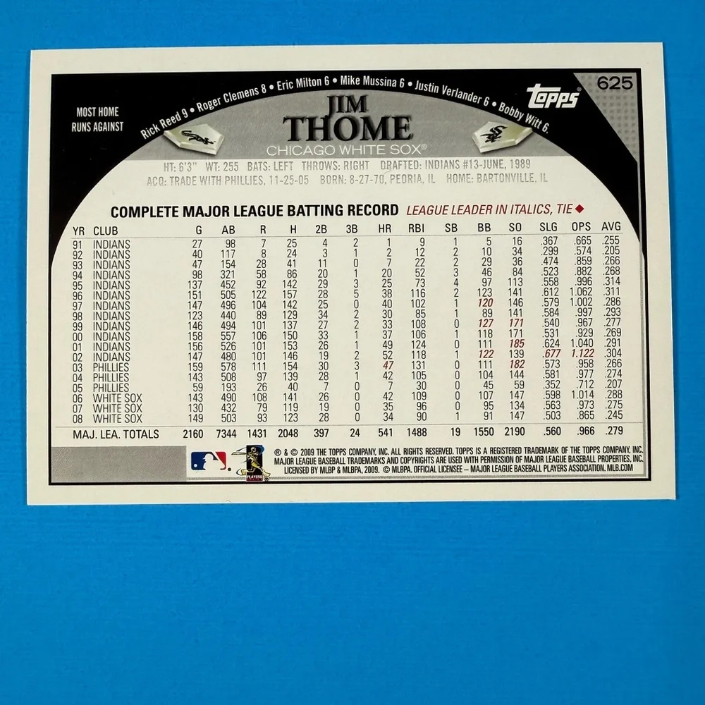 2009 Topps #625 Jim Thome Chicago White Sox - Picture 2 of 2